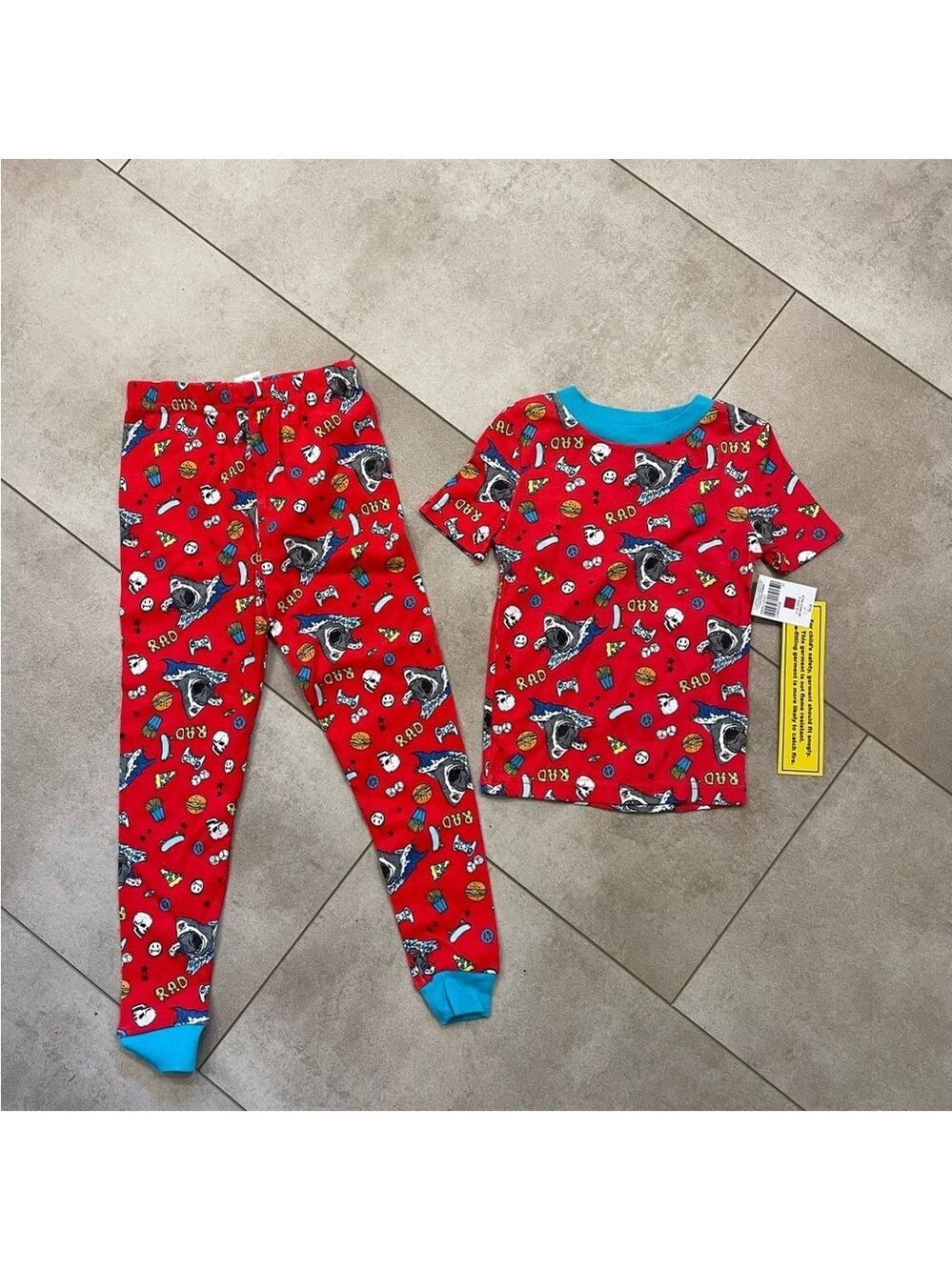 Highland Originals, Vibrant Red and Blue Shark-Themed Pajama Set, Sz 4